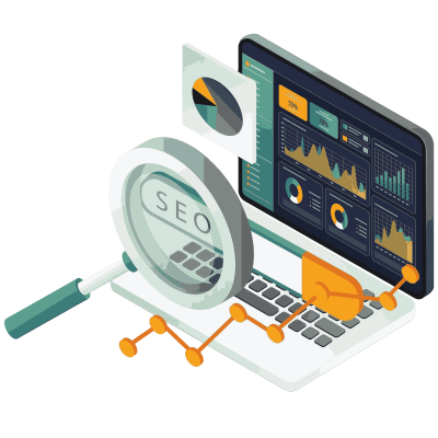 SEO illustration showing keyword analysis, analytics dashboard, and optimization tools used to improve website rankings in 2025.